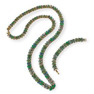 AERIN Gold Tone Green and Blue Crystal Necklace Bracelet Set